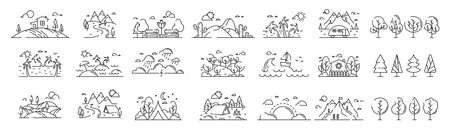Line sketch nature. Hiking or sailing travel icons. Forest and aircraft in sky. Camping on field. Outline trees. Camp tent. Mountain and beach landscape. Vector garish illustration setのイラスト素材