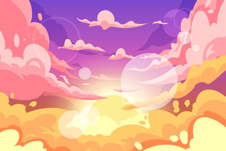 Sunset and sunrise anime cloud sky. Cloudy heaven. Evening landscape. Sun morning scenic scenery. Gradient color horizon. Blue calm cloudscape. Sunny weather. Vector garish backgroundのイラスト素材