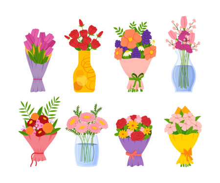 Flower bouquet in vase. Bunch of plants, floral bloom garden, cute decoration glass bottle with meadow tulips and peony, colorful blossom gift. Botanical elements. Vector illustration utter setのイラスト素材