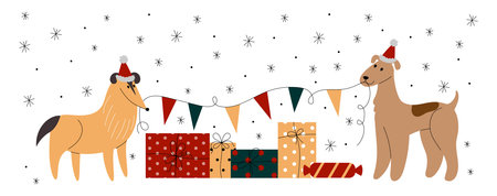 Dogs handling gifts. Funny pets. Christmas or birthday presents. Terrier and collie. Winery seasons hand drawing. Animals and holiday boxes. Friendly and surprised. Vector illustrationのイラスト素材