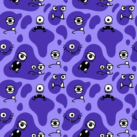 Cute monster pattern. Angry kids face. Child boy texture. Baby animal characters. Childish or comic fabric print design. Purple spots and happy aliens. Vector tidy seamless backgroundのイラスト素材