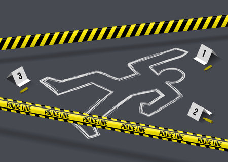 Police crime scene. Investigation proofs. Death body. Victim with chalk outline. Gun bullets with detective marks. Accident inspection. Ribbon boundary. Vector current illustrationのイラスト素材