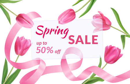 8 march border, realistic tulips. Eight day of spring, nature flowers and petals, sale paper and pink silk ribbon, girl gift. Discount offer. Vector neoteric web banner template backgroundのイラスト素材