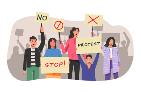 People with banners, persons political protest, men and women hold placard. Characters with megaphones on demonstration, angry riot, rally or cross, diversity activists. Vector garish conceptのイラスト素材