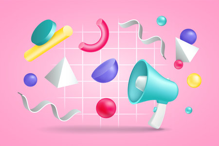 3d megaphone, announcement background, ad render icons. Sound speakerphone, public speaker card, shout on business poster, colorful abstract geometric figures. Vector marketing objectsのイラスト素材