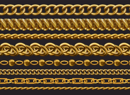 Gold chain. Realistic jewelry necklace. Golden metal border. Luxury fashion objects. Bijouterie link. Metallic bracelets. Shiny chrome seamless necklets set. Vector exact isolated patternのイラスト素材