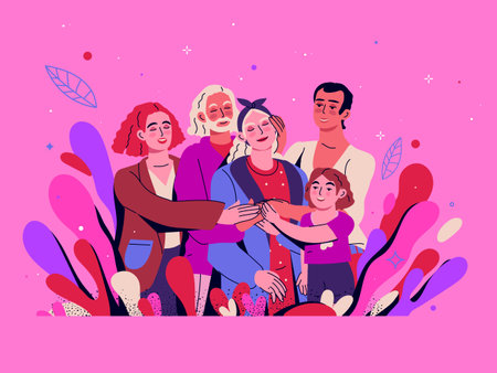 Harmony relationships. Parents and children reunion. Father and mother hugging with kids and grandparents. Generation bonding. Happiness and support. Vector exact illustration conceptのイラスト素材