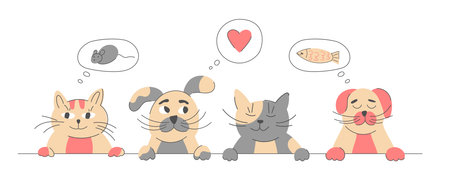 Nice funny doodle cats and dogs. Cute friend sketch, happy symbols, puppy and kitty, animal characters portrait. Vet shop or veterinary clinic concept. Vector garish cartoon illustrationのイラスト素材