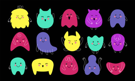 Cute monster characters, creature faces. Comic playful animals, doodle kawaii creatures, funny children toys. Nursery and childish textile elements. Vector tidy cartoon illustration setのイラスト素材