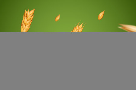Spikelets of wheat. Oat grain for barley bread. Spike seeds, 3d cereal, agriculture fields, rye flour, gold farm elements. Organic objects. realistic illustration on green backgroundのイラスト素材