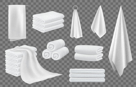 Realistic folded towels, white cloth, laundry symbol. Rolled stack for home or hotel shower, bath or hospital, cotton textile and bathroom washcloth. 3d elements. Vector neoteric textureのイラスト素材