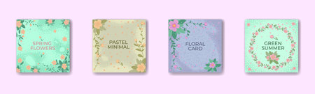 Spring square promotion, nature blog templates. Modern fashion, natural network or shopping, minimal design frames. Social media post, cute tiny flowers, sale or discount vector shop backgroundのイラスト素材