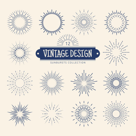Starburst line elements. Circle sunburst symbols. Vintage graphic design lights. Hand drawn frames. Sun hipster badge. Abstract outline emblems. Star and firework. Vector garish icons setのイラスト素材