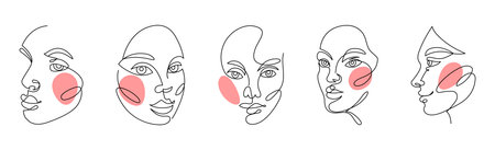 Woman faces. Abstract girl art portraits. Continuous line. Beauty human profile. Red blush spot. Hand drawn sketch character. Adult female heads. Beautiful lady. Vector tidy design setのイラスト素材