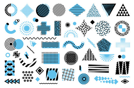 Shape design elements. Graphic geometric abstract lines and circles in memphis style, modern dot figures. Constructivism objects in minimal, background, vector current geometry patterns setのイラスト素材