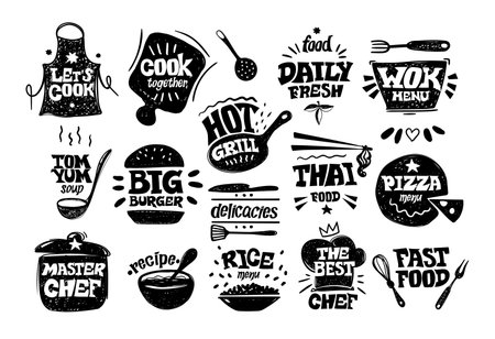 Chef food bakery, utensil black hand drawn elements. Cafe logo, cooking studio silhouette stickers, dinner on kitchen. Noodle and ramen, wok and pizza logotype. Vector exact illustrationのイラスト素材