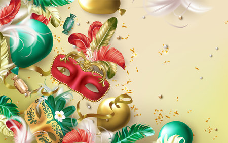 Realistic carnival mask and confetti top view. Birthday elements. Balloons and festive gifts. Surprise event. Holiday celebration. Venice masquerade. Vector exact festive frame designのイラスト素材