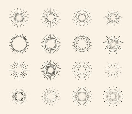 Spark burst, starburst set. Blast of star or sun, vintage circle logo or pattern, radiant beam, line flare. Retro hand drawn frames. Abstract outline flat badge. Vector garish graphic designのイラスト素材