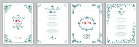 Vintage decoration menu, border frames. Design for italian or french dinner, floral ornate patterns, flourish decorative vertical cards. Elegant cover. Vector recent line ornamentsのイラスト素材