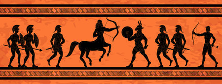 Ancient Greek mythology. History war mural. Greece or Odyssey antique painting. Trojan historic art. Sparta soldiers. Mythological faun and centaur. Vector tidy illustration patternのイラスト素材