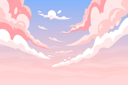 Anime sky, pink clouds landscape. Cute romantic and love heaven air, clean blue gradient scene, bright nature. Sunset and sunrise cloudscape. Sunny weather, vector garish cartoon background.のイラスト素材