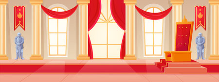Royal kingdom. Ballroom interior walls. Kings or queen throne. Red carpet and window curtains. Medieval castle. Knights armors. Imperial palace indoor. Vector recent banner backgroundのイラスト素材