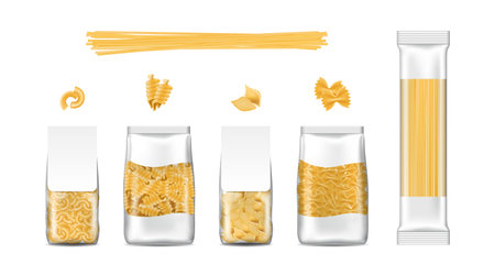Spaghetti packaging. Noodle bag. Pasta packages. 3D food pack. Wheat product. Macaroni or vermicelli mockup. Italian penne. Plastic packet. Blank labels. Vector realistic wraps setのイラスト素材