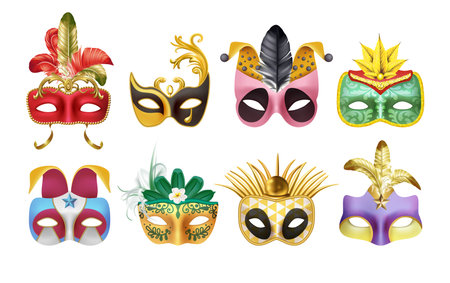 Realistic Venetian carnival masks. Venice masquerade. Italy art for theater with feathers and ornate decoration. Theatrical disguise. Vector exact 3D performance costume elements setのイラスト素材