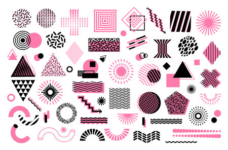 Pink and black shapes set, geometric elements. Abstract graphic lines and circles, modern memphis dots, art figure pattern. Constructivism objects. Vector current design backgroundのイラスト素材