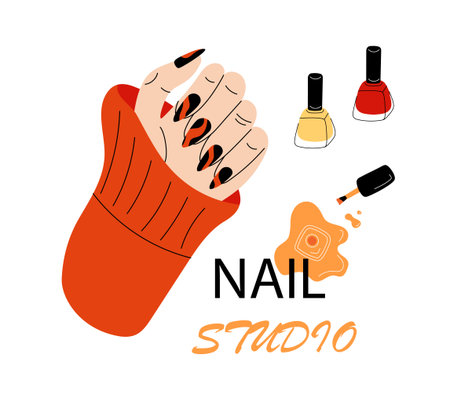 Manicure. Nail studio, female hand with creative modern design fingernails gel polish. Beauty salon service. Colorful bottles with brushes. Professional care. Vector cartoon flat illustrationのイラスト素材