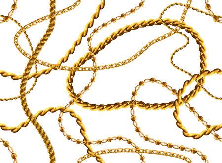 Gold jewellery pattern. Baroque scarf. White metal texture. Golden necklace for textile print. Vintage fashion. Metallic bracelets. Bijouterie braid. Vector exact seamless backgroundのイラスト素材