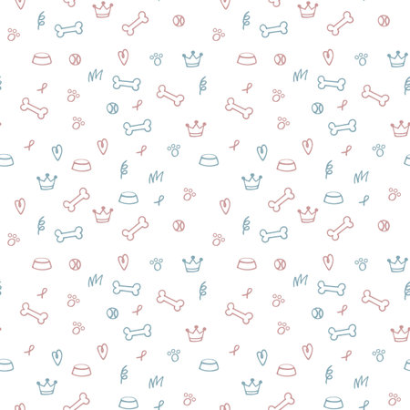 Pet toys. Dog pattern. Doodle puppy or cat bones. Cute paw print. Ball for bulldog or husky. Corgi breed. Domestic animal. Kitten feed bowl. Heart and crown. Vector tidy seamless textureのイラスト素材