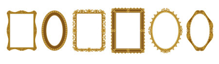 Realistic picture frames. Empty gold museum borders. Golden photo antique ornate. Victorian royal...
