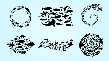 Fish school black silhouettes. Circle shoal pattern. Round flow. Marine animals group swim in ocean. Logo or frame underwater design. Undersea elements set. Vector recent backgroundのイラスト素材