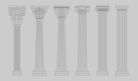 Roman, greek columns. Antique rome pillar, classic baroque temple, ancient doric architecture....