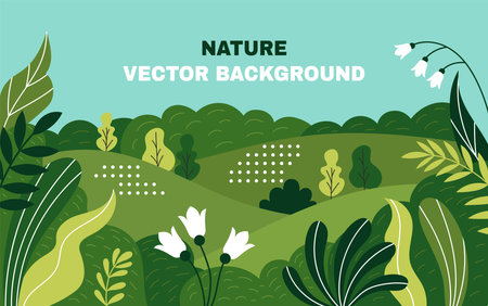 Forest plants. Minimal green trees, flowers and leaves, garden poster with gradation in ecosystem, gradients. Abstract graphic spring or summer backdrop. Banner template. Vector tidy backgroundのイラスト素材