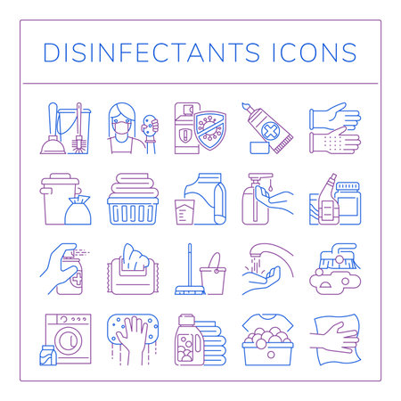 Household cleaning service line icons. Disinfect hand spray. Antibacterial cleaner bottle. Laundry washer. Covid virus detergent. Coronavirus hygiene. Vector cleanup outline strokes setのイラスト素材