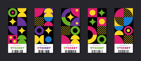 Geometric shape tickets. Abstract pattern posters. Bauhaus art. Colorful circle and triangle figures. Logo and pass barcode. Minimal design labels set. Vector tidy modern illustrationのイラスト素材