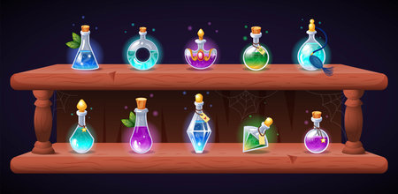 Magic potion shelf for alchemist game. Decorative apothecary poisons. Elixir glass bottles for RPG or witch poster. Wooden rack with fairy balm phials. Vector tidy design illustrationのイラスト素材