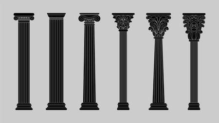 Ancient Greek columns. Black silhouette architecture pillars. Roman antique decoration. Art sculptures. Ornate classic pedestals. Antiquity logo. Vector tidy building isolated elements setのイラスト素材