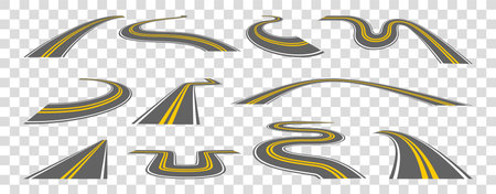 Road way. Automobile path. Straight and curve in perspective. Route to horizon line. Highway lane. Car transportation. Isolated speedway elements set. Vector current cartoon illustrationのイラスト素材