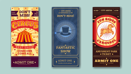 Circus carnival tickets. Vintage posters. Amusement show labels with clowns and funfair. Colorful fonts. Carousel pass. Illusionist performance. Vector invitation flyers design setのイラスト素材