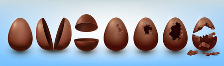 3D Easter egg. Broken chocolate. Isolated realistic candy. Dark food gift. Chicken cocoa eggshell. Traditional holiday confectionery. Sweet desserts set. Vector exact illustration conceptのイラスト素材