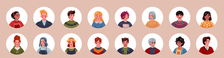 People avatars. Persons face in circle, employee portraits for business team, divorce man and woman, user head. User profile picture. Round icons vector tidy cartoon flat contemporary charactersのイラスト素材