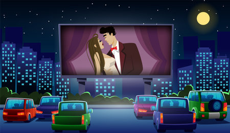 Cinema drive. Car movie theater. Auto night scene with video screen. Romantic film. Outdoor theatre. Outside love show. Couple dating. Open air evening event. Vector cartoon illustrationのイラスト素材