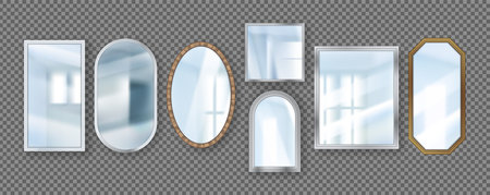 3D realistic mirrors. Circle and square reflective surfaces. Home decor collection. Hanging on wall furniture. Light reflection and backlight effects. Vector exact interior elements setのイラスト素材
