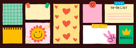 Reminder stickers. Cute paper notes. Notebook memo pages attached with adhesive tape. School doodle notepad or diary cards. Creative children messages. Vector cartoon design notepaper setのイラスト素材