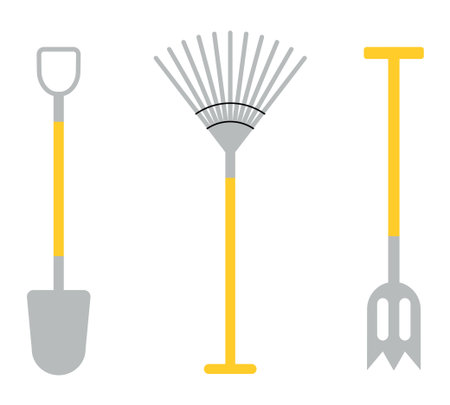 Garden tools. Farming work instruments. Agricultural metal rake. Plants cultivating. Landscaping shovel and pitchfork. Isolated farmers fork and spade. Vector gardening equipment setのイラスト素材