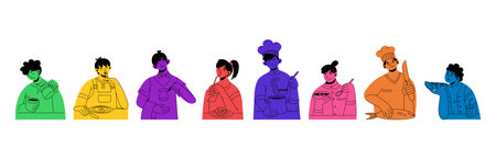 People eating food. Cook chef icons. Pizza and burger on kitchen. Cartoon restaurant characters. Persons cooking dinner. Coffee cup. Man and woman portraits set. Vector illustration designのイラスト素材