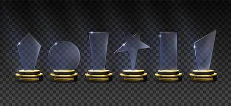 Award trophy. Hollywood colors. Glass star. Honor or triumph. Champion rectangle shapes. Competition winners. Realistic championship rewards set. Vector exact 3D crystal acrylic prizesのイラスト素材